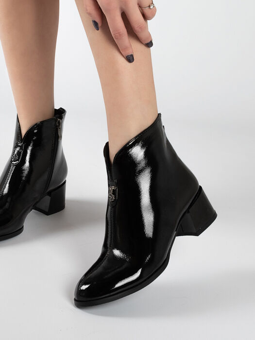 Ботинки женские черные искусственный лак каблук устойчивый демисезон