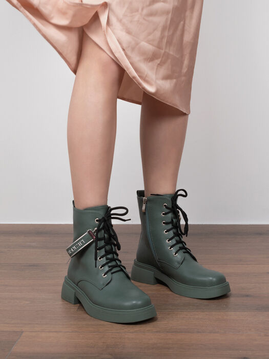 Ботинки женские зеленые экокожа каблук устойчивый демисезон